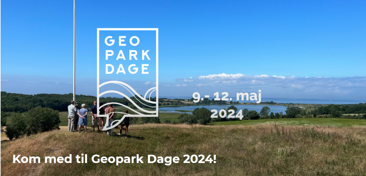 Udsigt fra en bakketop ud over det fynske øhav. Teksten over billedet siger Kom med til Geopark Dage 2024!