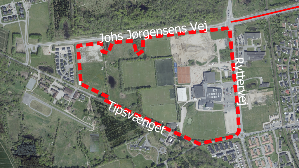 Luftfoto over lokalplanens område, området er markeret med en rød stiplet linje.