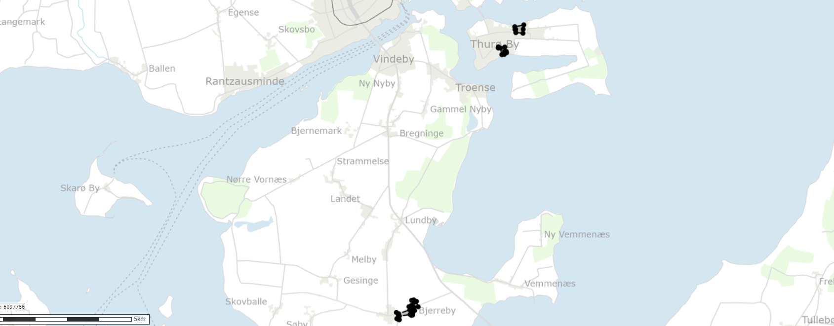 Kort over områder der ændres i tillæg 4 spildevandsplan 2020 til 2031