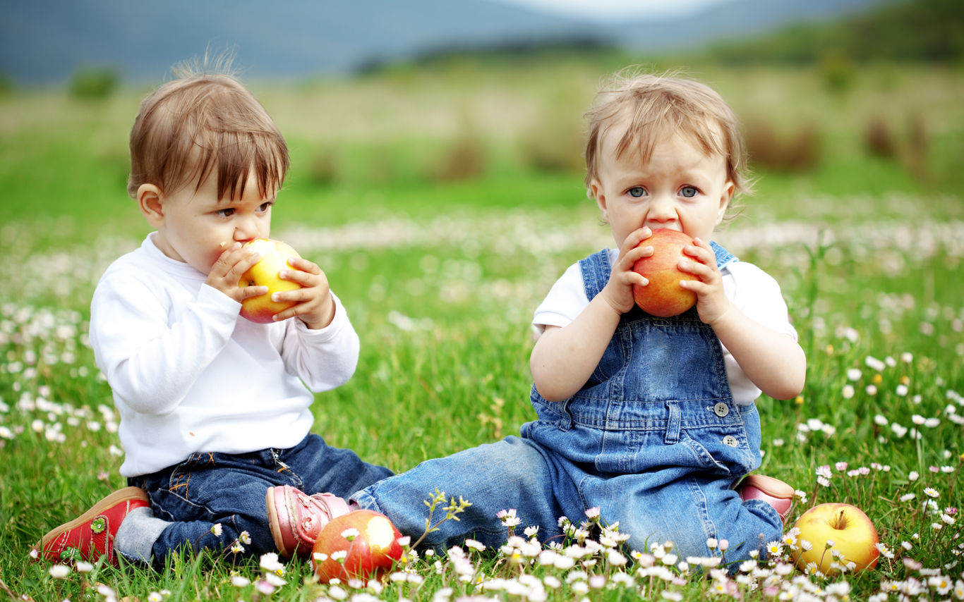 Søskende hygger med at spise æbler på græsplæne