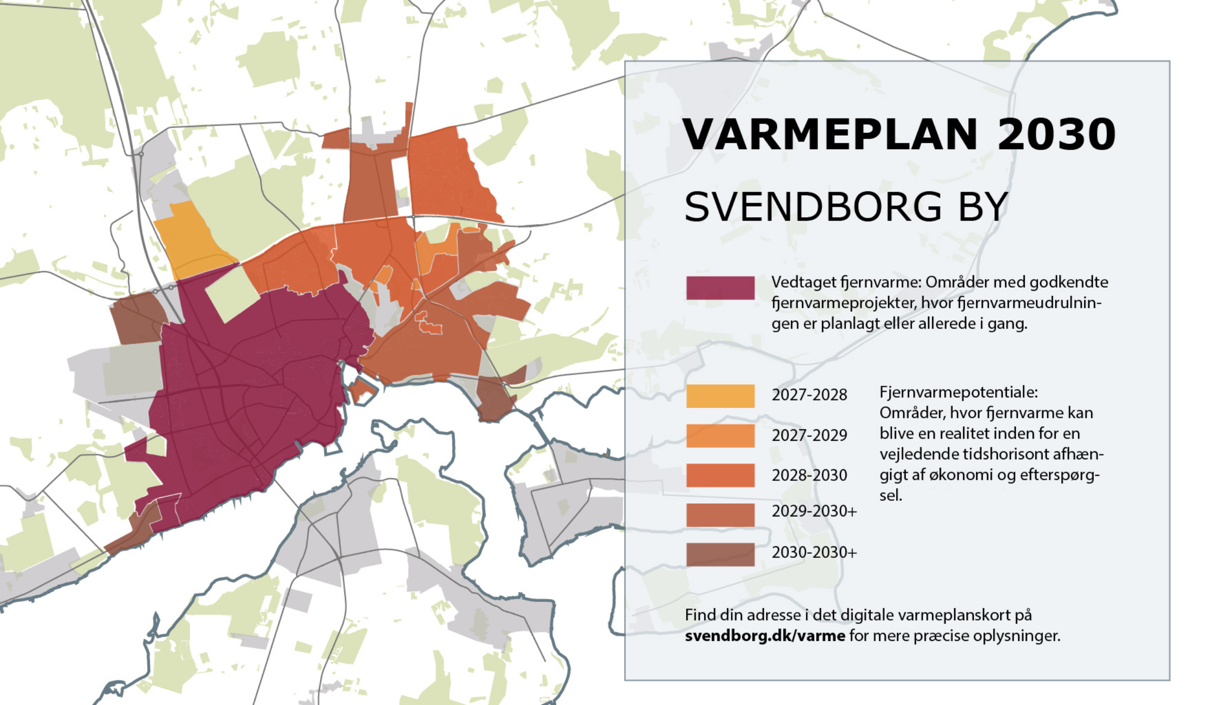 Kort med vejledende tidshorisonter for udrulningen af fjernvarme i Svendborg by.