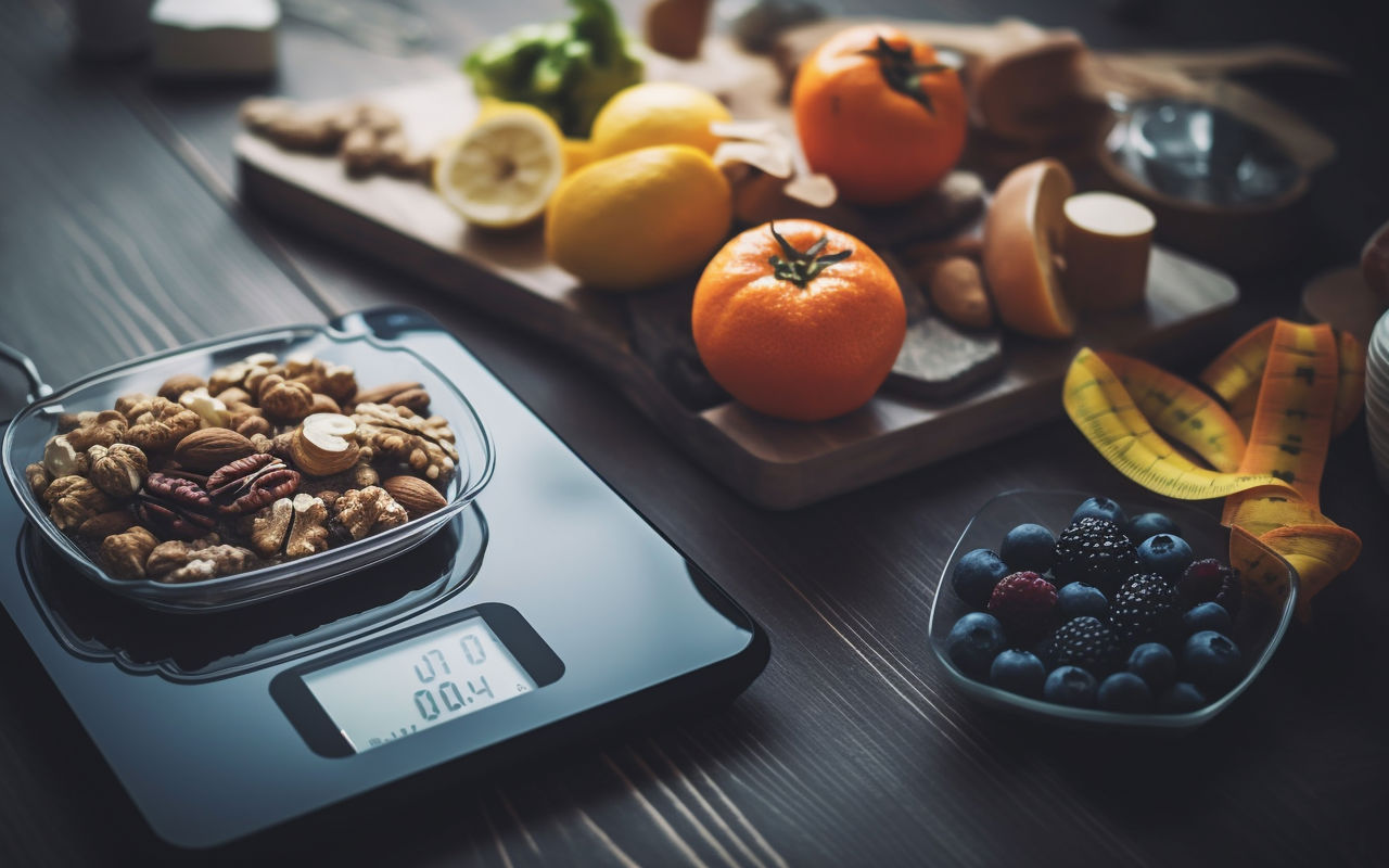 Fad med frugt og bordvægt med nødder