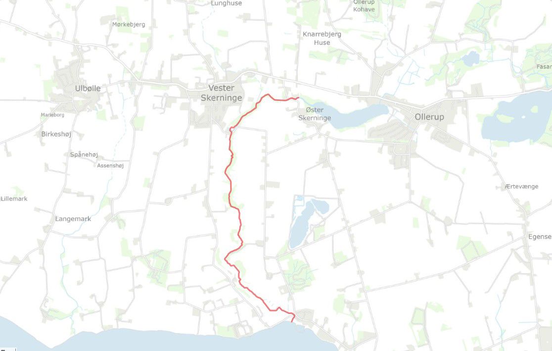 Projektstrækningen vist med rødt på kortudsnit