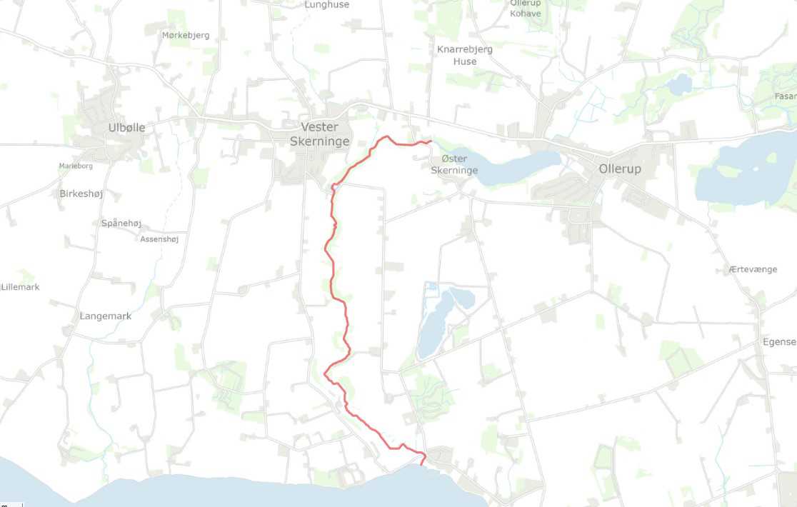 Projektstrækningen vist med rødt på kortudsnit