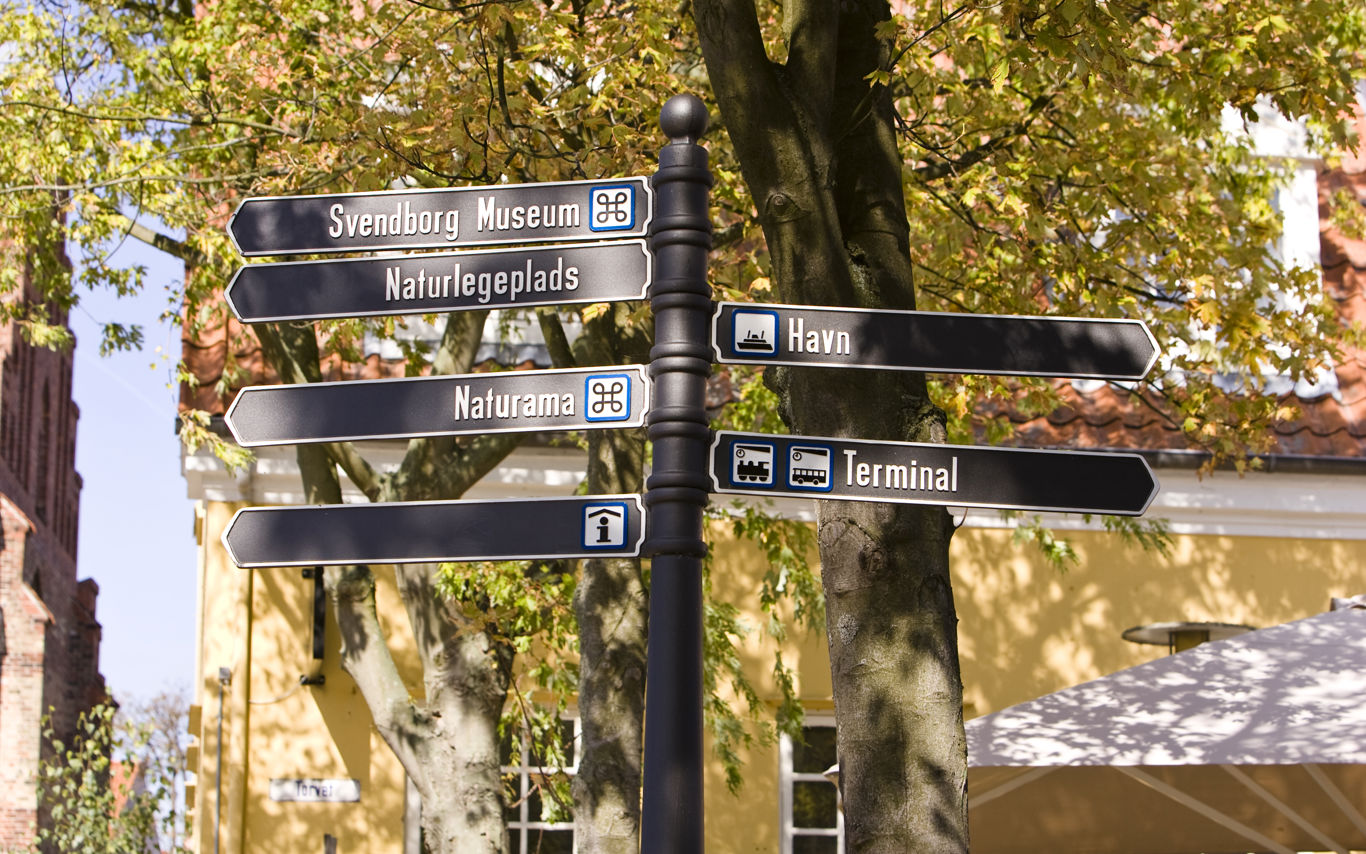 Vejskilt i Svendborg Midtby der viser til attraktioner