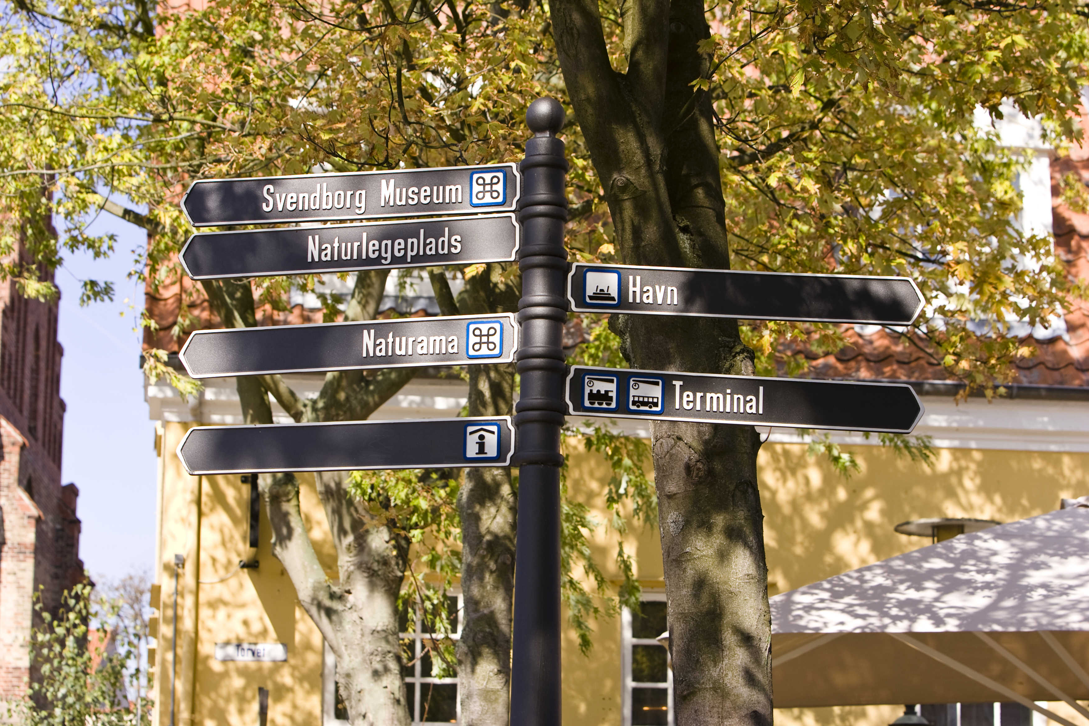 Vejskilt i Svendborg Midtby der viser til attraktioner