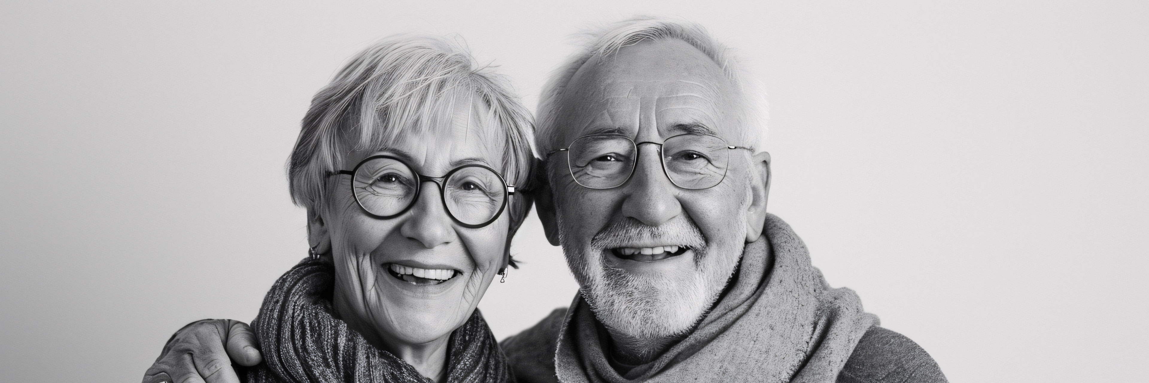 Sort og hvidt billede af et ældre par, der står tæt sammen