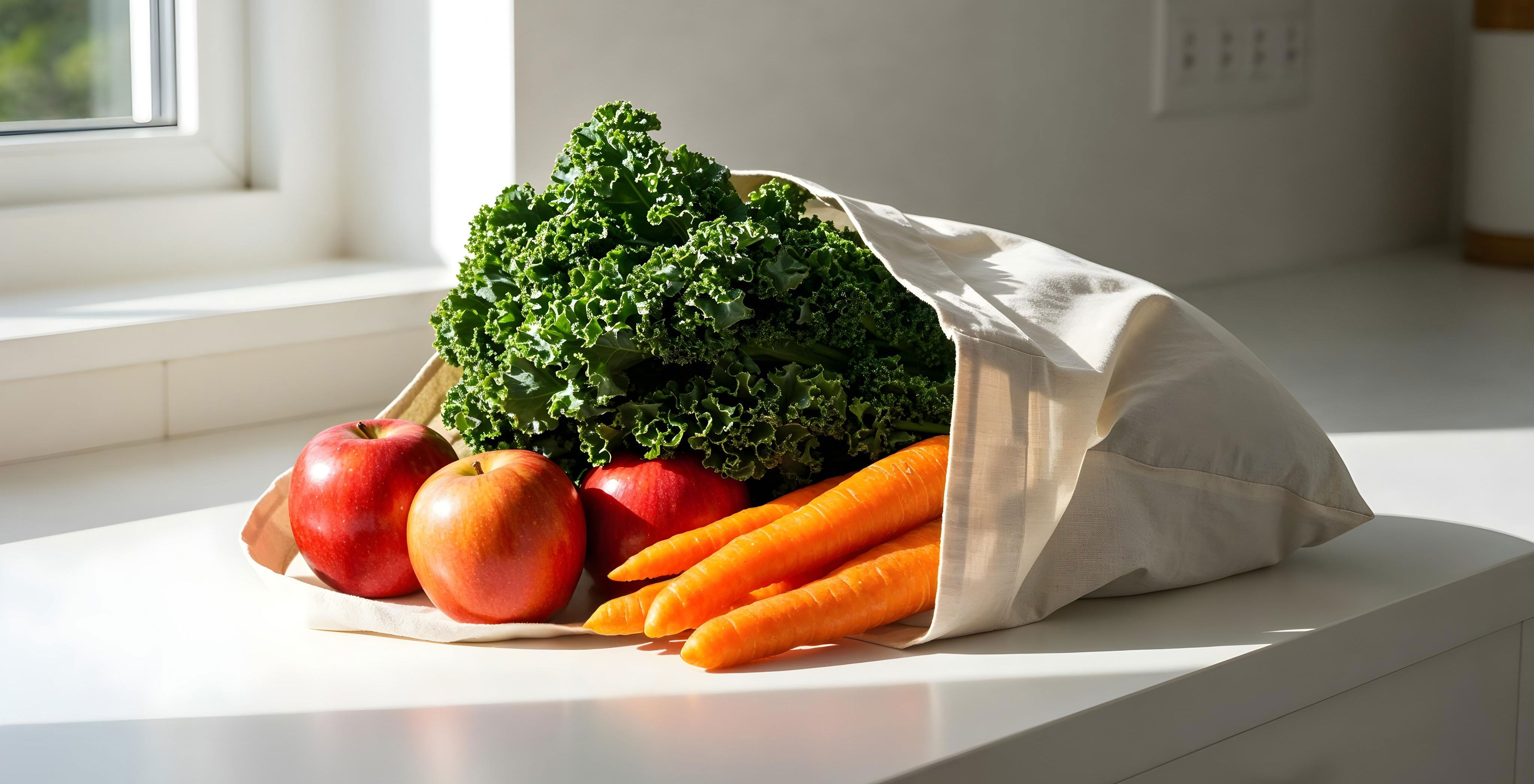 Pose med frisk frugt og grønt