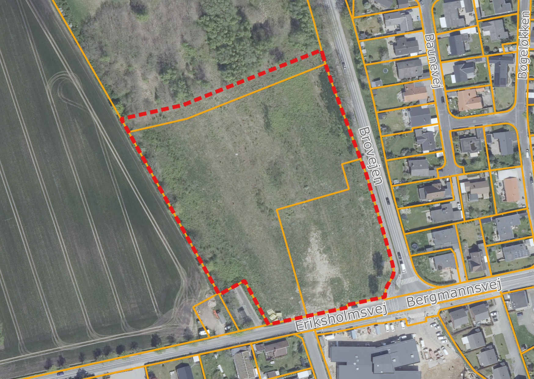 Oversigtskort som viser lokalplanområdet markeret med rødt