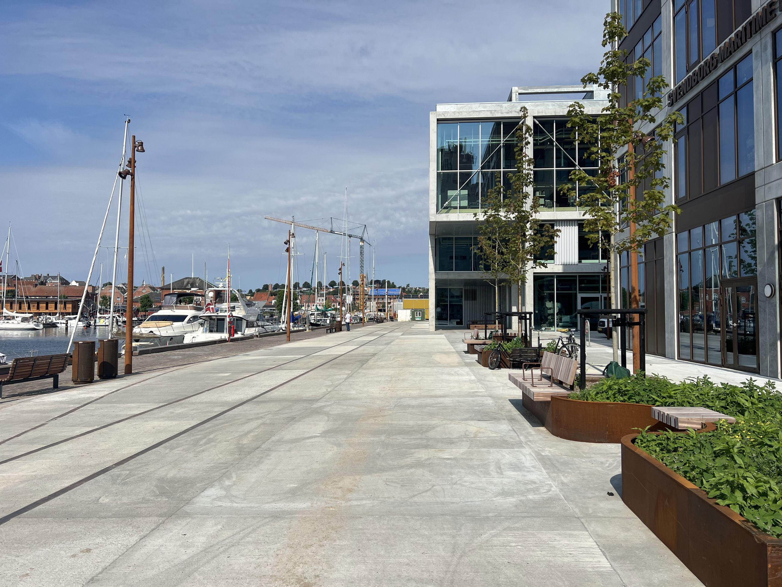 Nordre Kaj i august 2024 med ny belægning, bænke, træer mv.