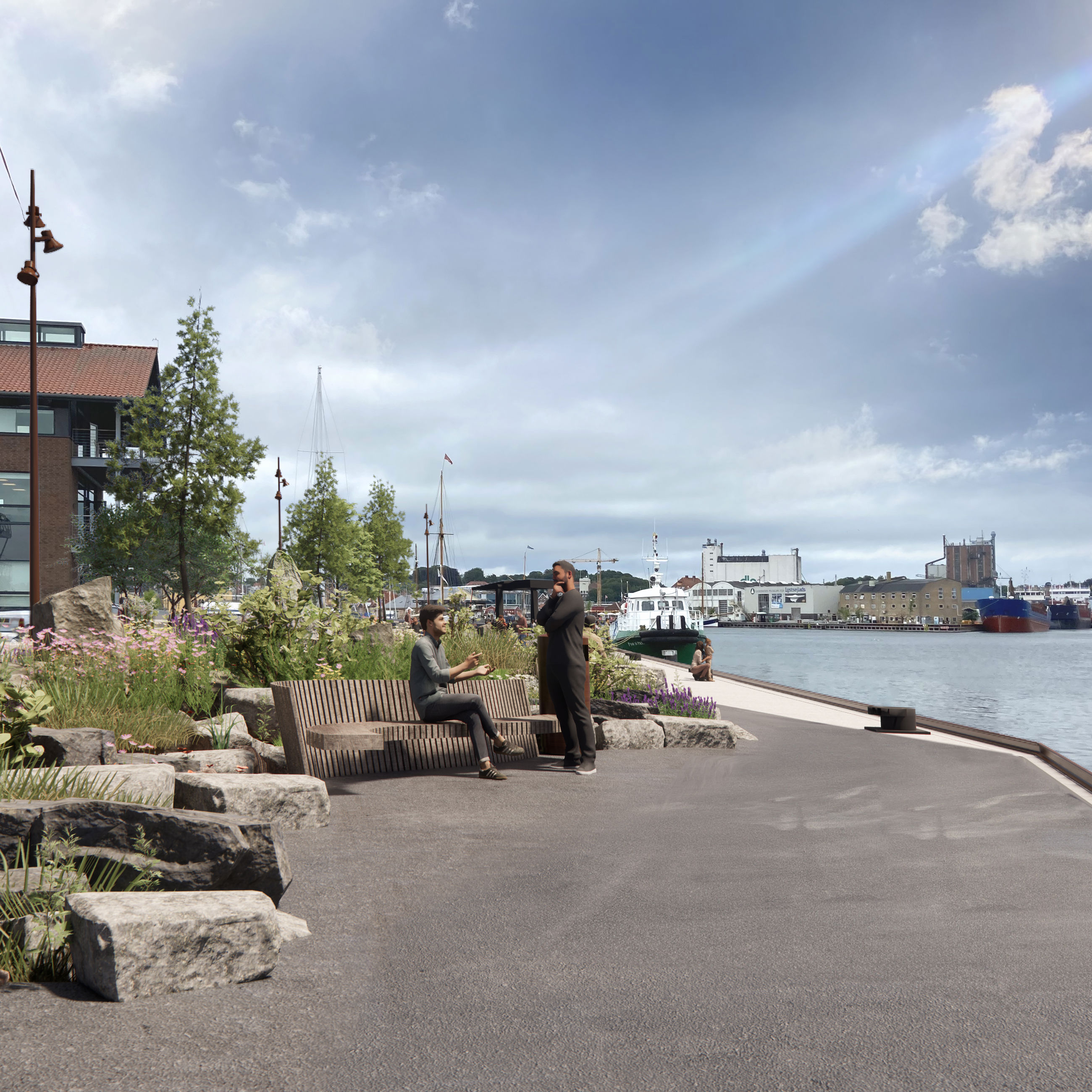 Visualisering af rekreativt byrum ved Gasværkskajen.