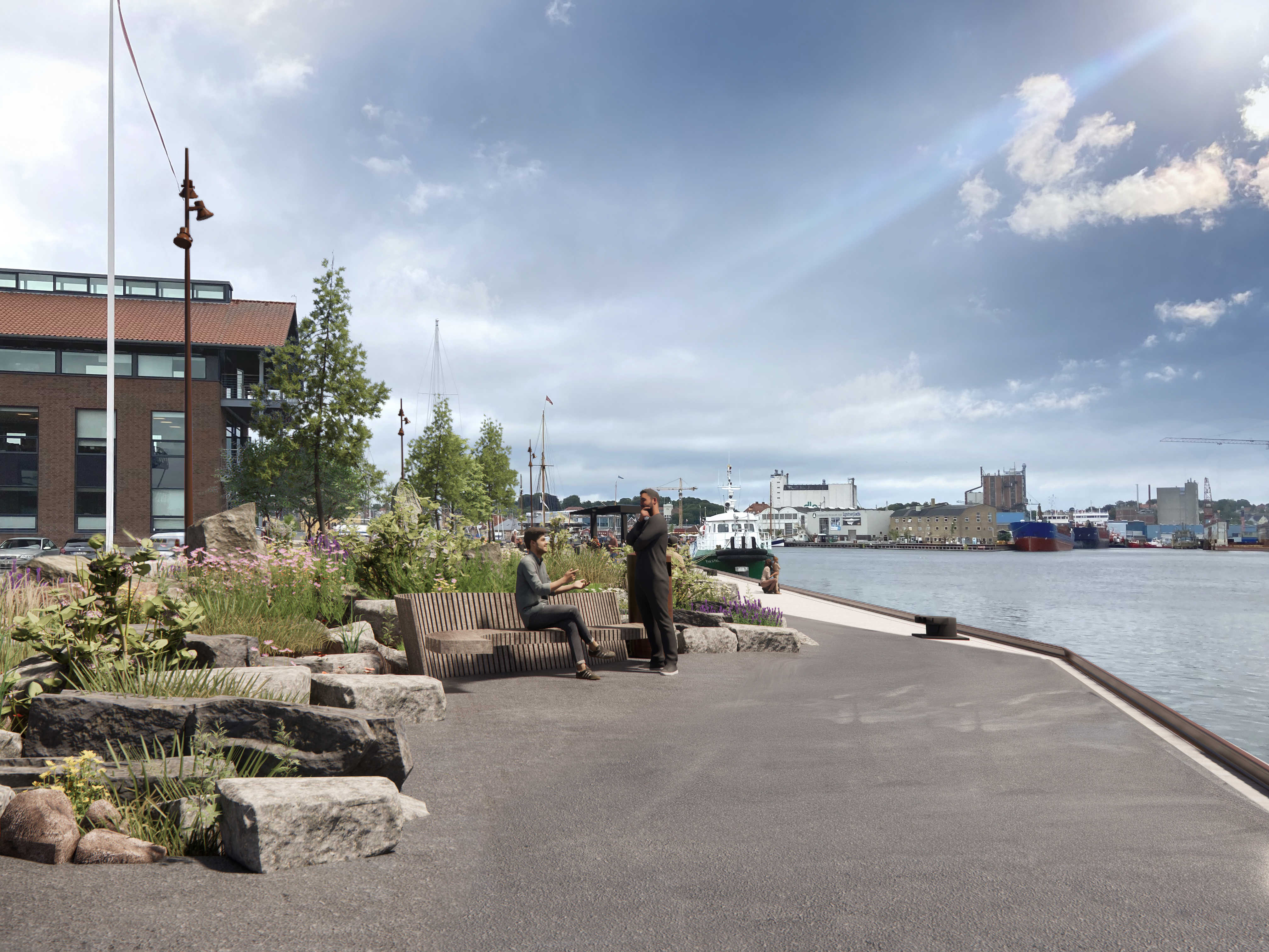 Visualisering af rekreativt byrum ved Gasværkskajen.