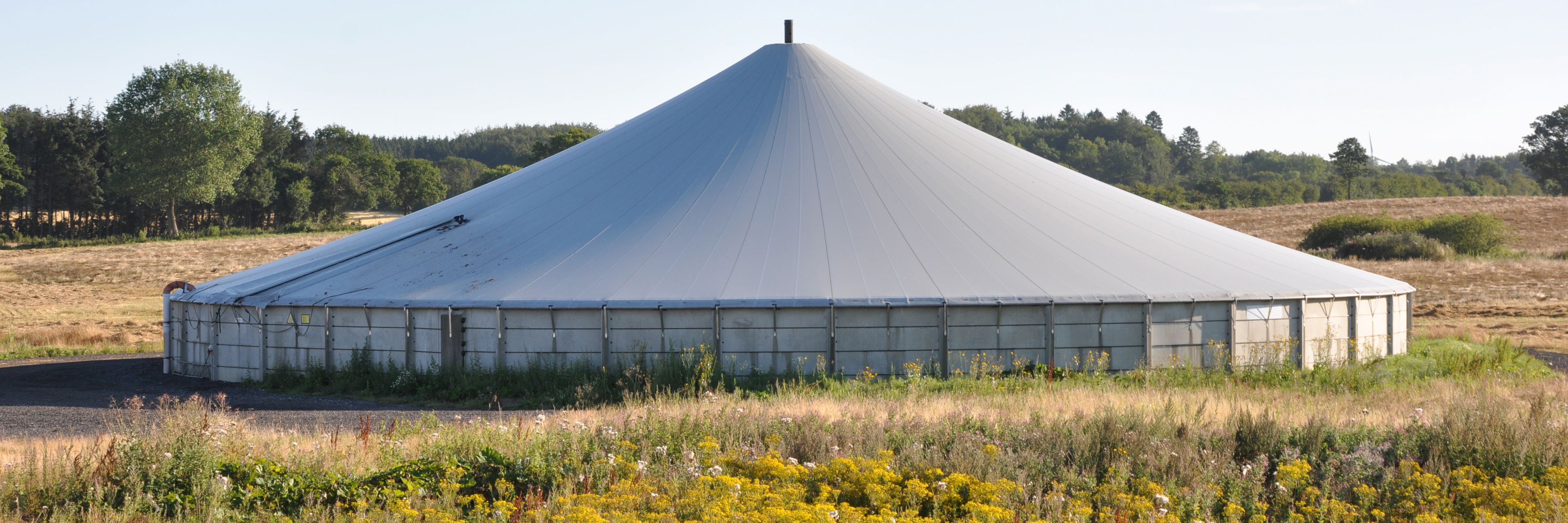 Gyllebeholder dækket med teltdug placeret i en mark med træer i baggrunden