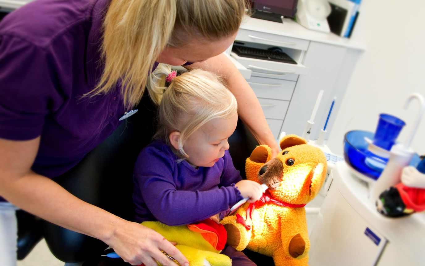 Barn ved tandlægen, børster tænder på bamse.