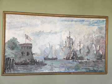 Billede af et maleri fra 1928 med skibe i krig.