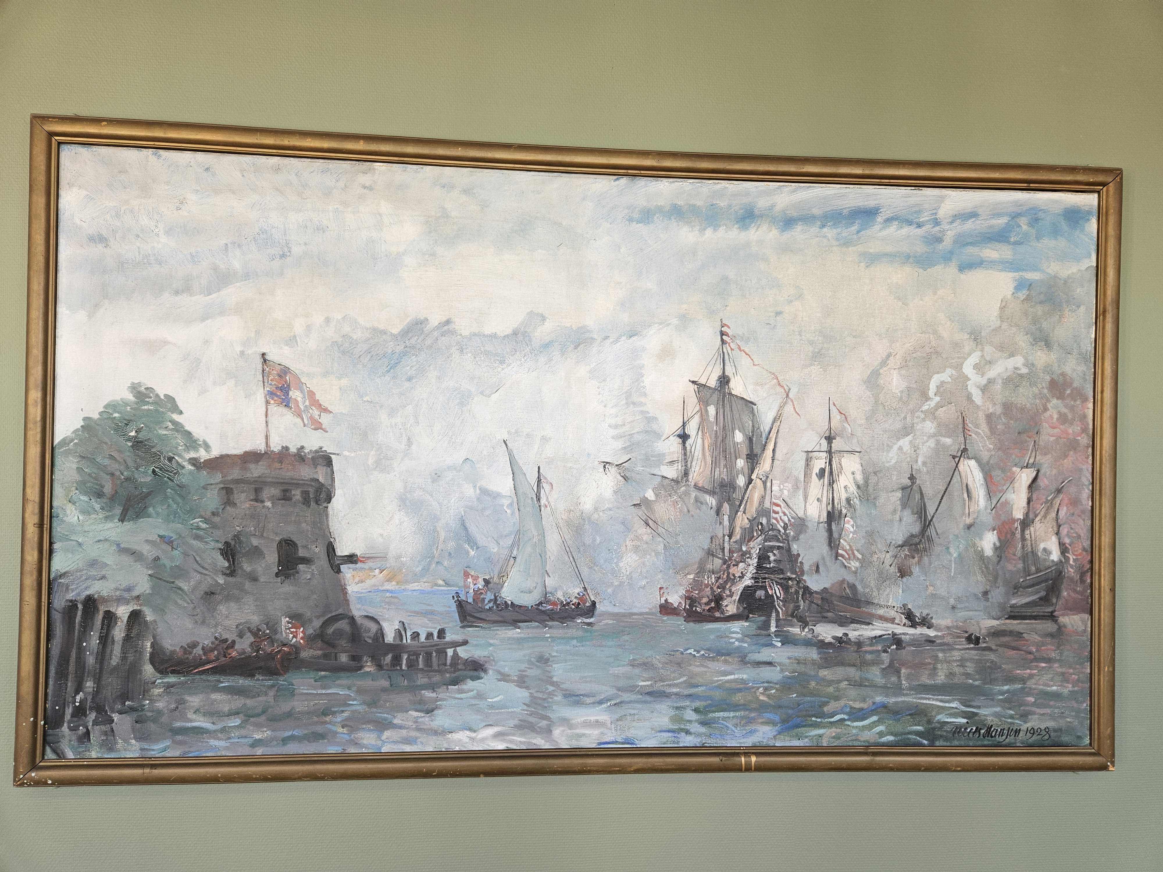 Billede af et maleri fra 1928 med skibe i krig.