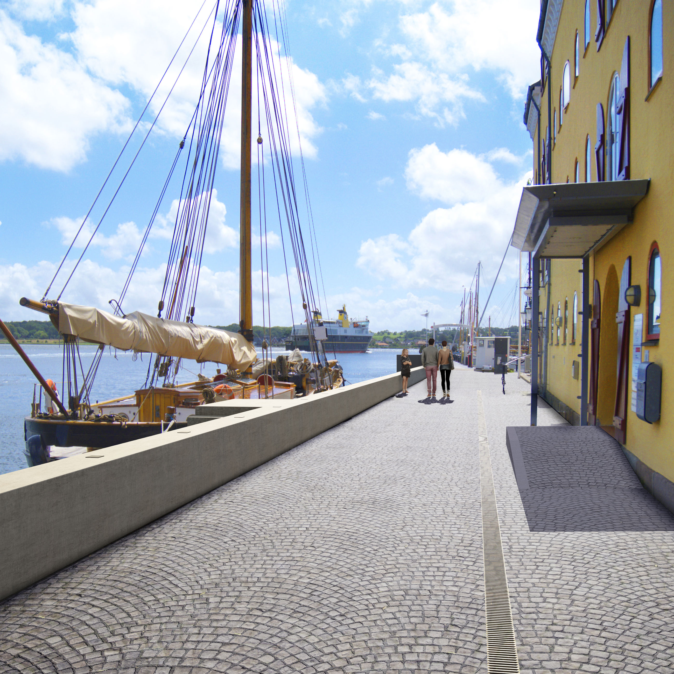 Rendering af området omkring det gule pakhus-