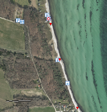 Her ser du en oversigt over de forskellige steder ved stranden.