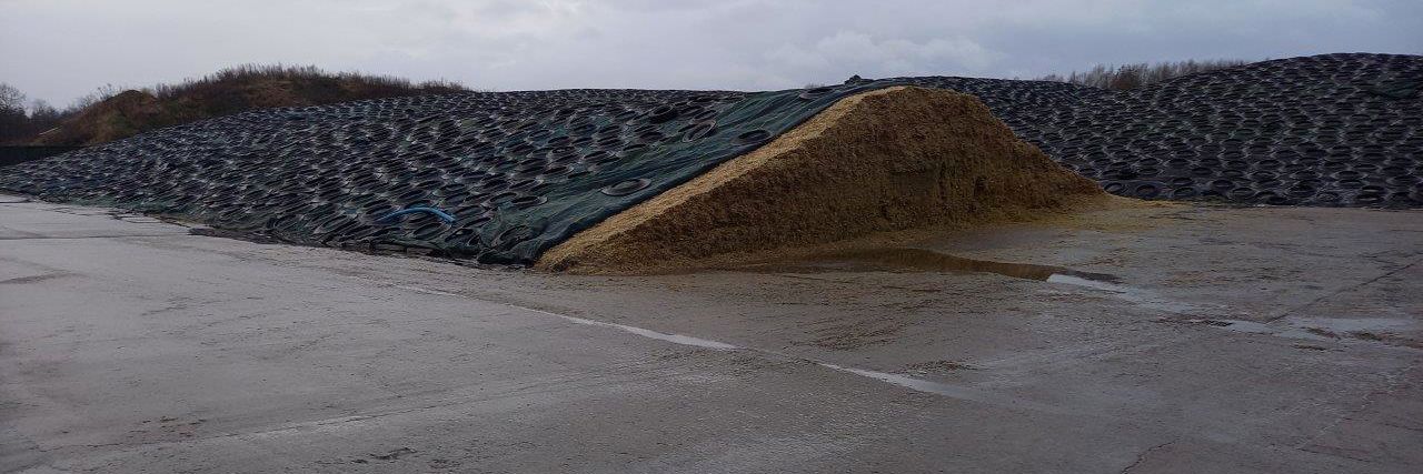 Store ensilagestakke overdækket med plastik og bildæk placeret på støbt plads