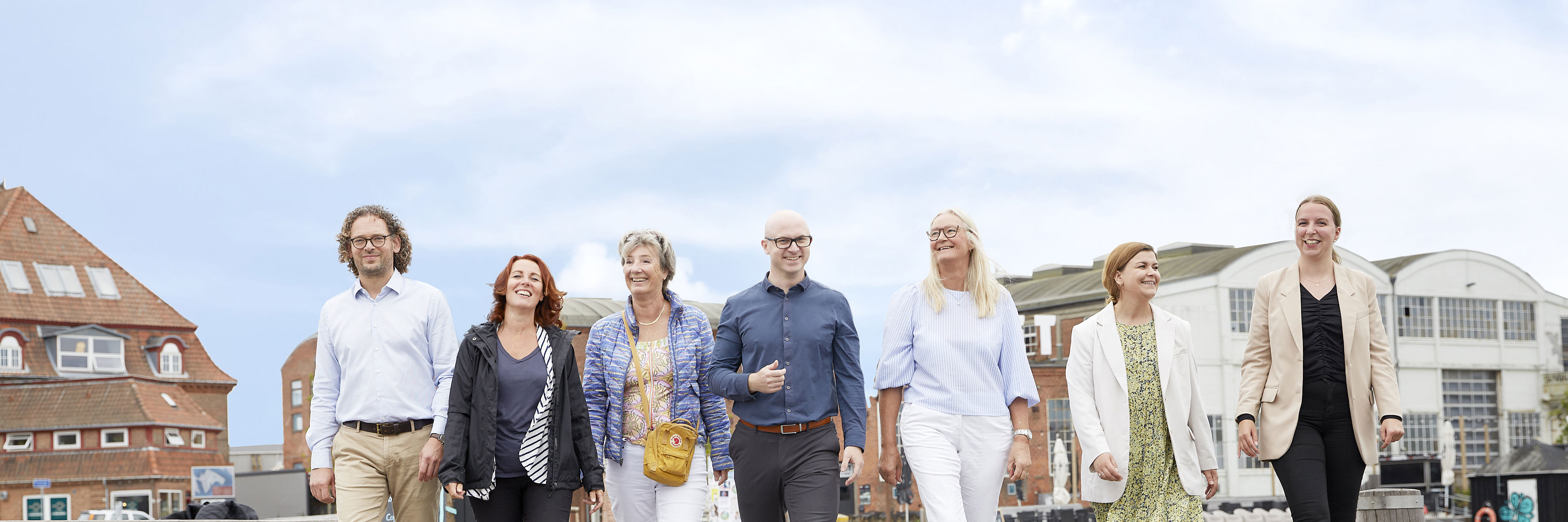 Syv kollegaer går på en bro