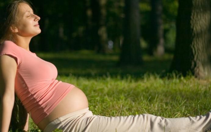 Gravid Kvinde nyder solen på græsplæne
