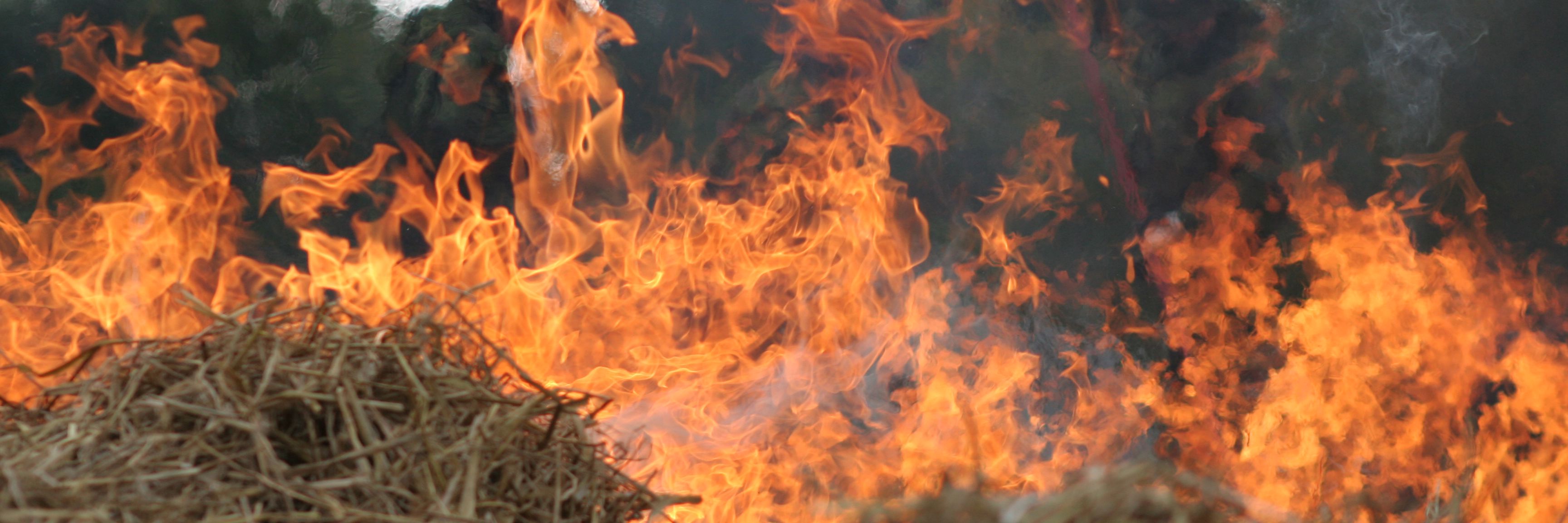Store flammer i halm der brænder på en mark