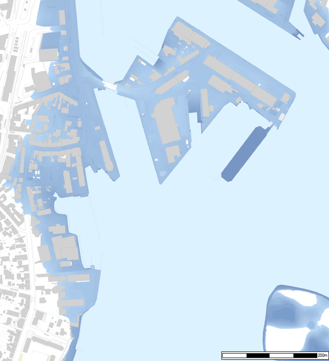Illustration af oversvømmelse af Svendborg Havn 