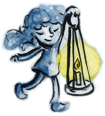 Tegning af lille pige, der kommer gående med lysende lanterne løftet frem foran sig