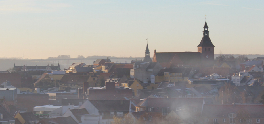 Foto over Svendborgs tage i morgendis på blå himmel med rygende skorstene